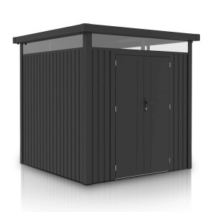 Modernes Juskys Gerätehaus Luzern, 5,3 m², in Anthrazit. Gartenhaus mit Doppeltür und Fenster.