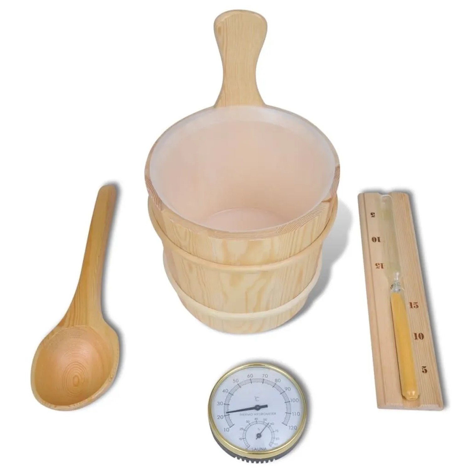 vidaXL 5 Tlg Saunazubehör mit Eimer Löffel Sanduhr Thermo-Hygrometer 50245