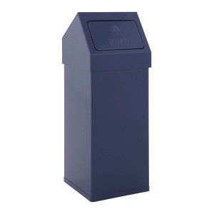 Blauer, eckiger Proregal Abfallbehälter Haiti aus Aluminium mit Push-Deckel, 55 Liter.