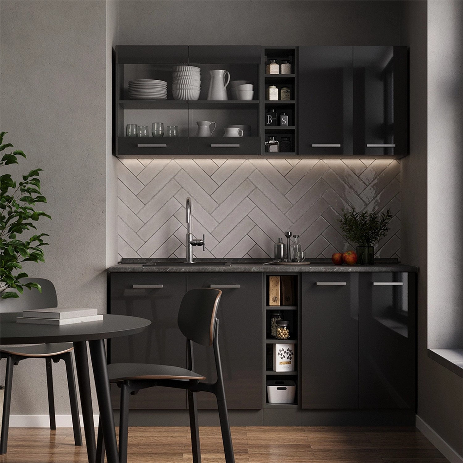 Vicco R-Line Singleküche, 160cm, Anthrazit Hochglanz/Eiche Dekor. Kompakte Küchenzeile.