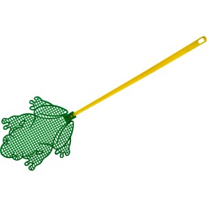 Fackelmann Fliegenklatsche in Froschform, grün mit gelbem Griff.