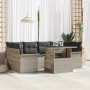 Hellgraues 7-tlg. vidaXL Garten-Sofa-Set aus Poly Rattan mit Tisch und Kissen.