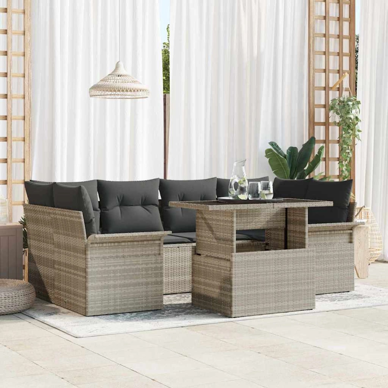 Hellgraues 7-tlg. vidaXL Garten-Sofa-Set aus Poly Rattan mit Tisch und Kissen.