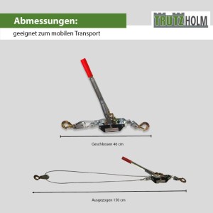 TRUTZHOLM Handhebelseilzug 2000kg, geschlossen und ausgezogen. Flaschenzug mit verzinktem Stahlseil und Haken.