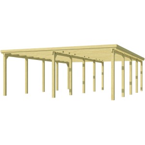 Weka Doppelcarport aus Holz, Flachdach, 603x612 cm, ohne Dachplatten. Stabile Konstruktion mit Pfosten.