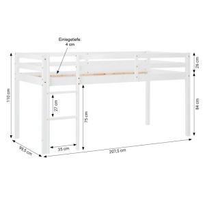 Homestyle4u Kinder Hochbett 90x200 cm, weißes Holz mit Maßangaben.