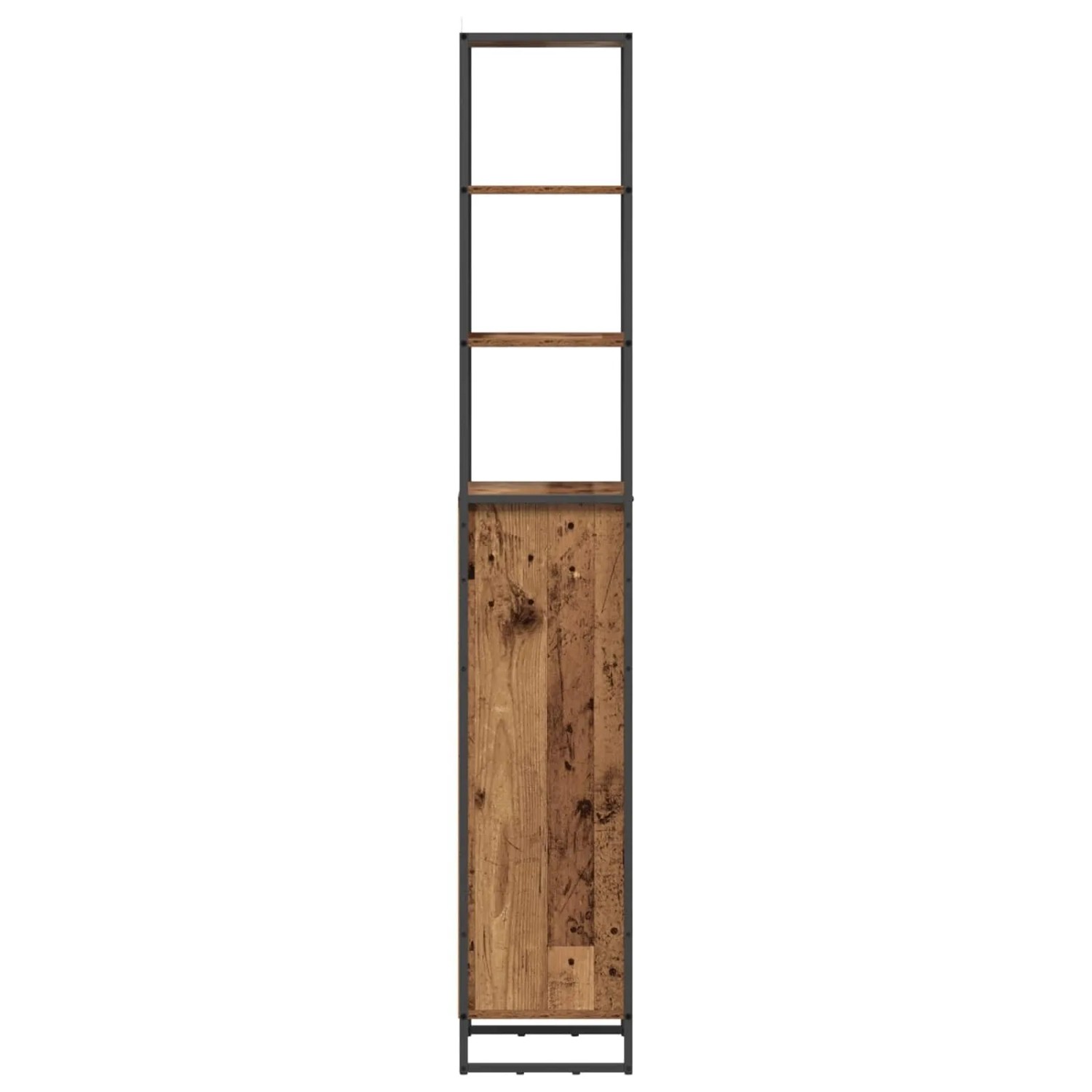Schlanker Bad-Hochschrank im Industrial Design mit dunklem Metallrahmen, Altholz-Optik, offenen Regalen und Tür.