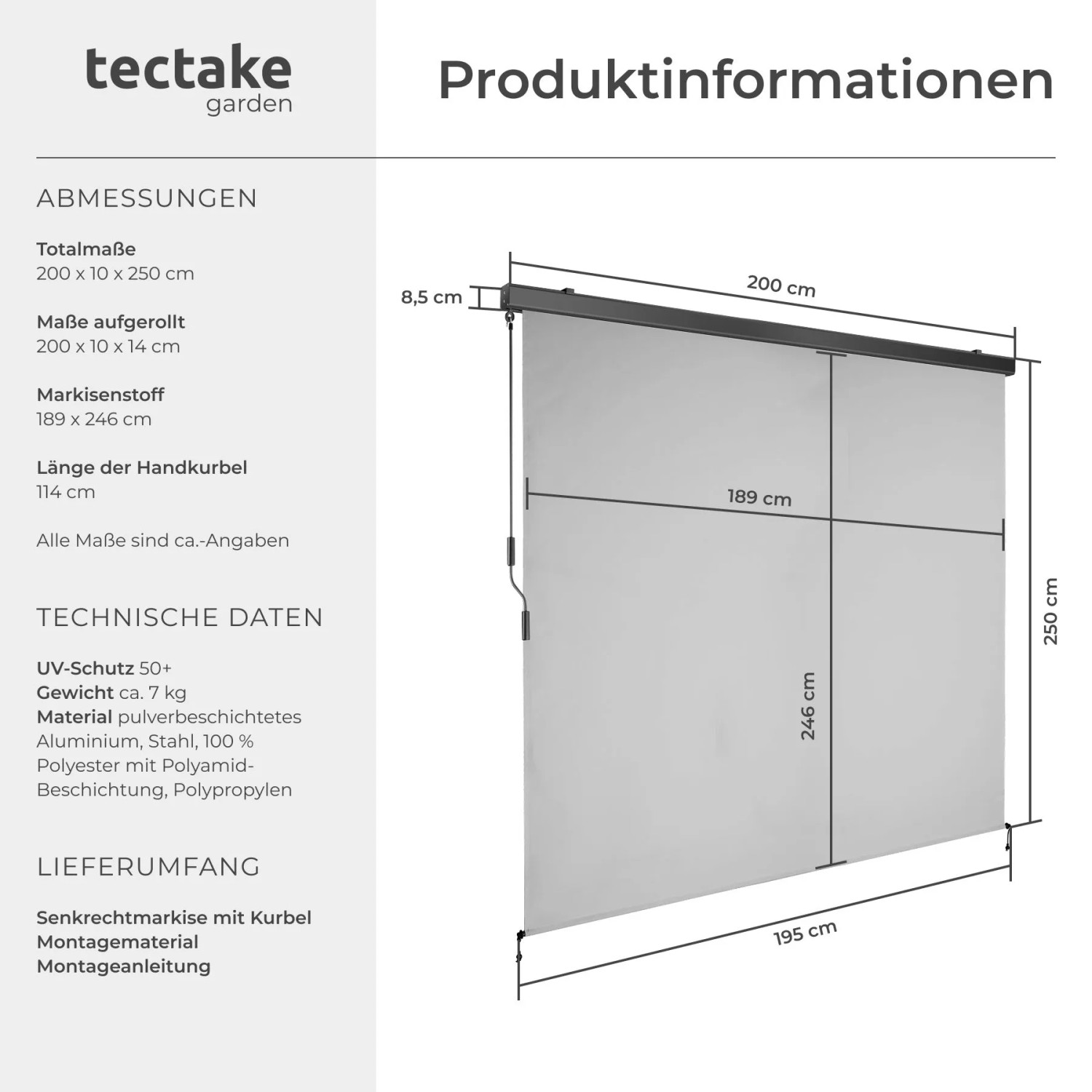 Hellgraue Tectake Senkrechtmarkise Eloise (200x250 cm) mit Kurbel. UV-beständiger, wasserabweisender Sonnenschutz.