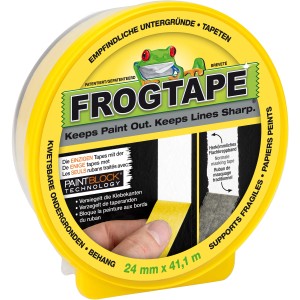 Gelbes Frogtape Delicate Klebeband 24 mm für empfindliche Oberflächen.