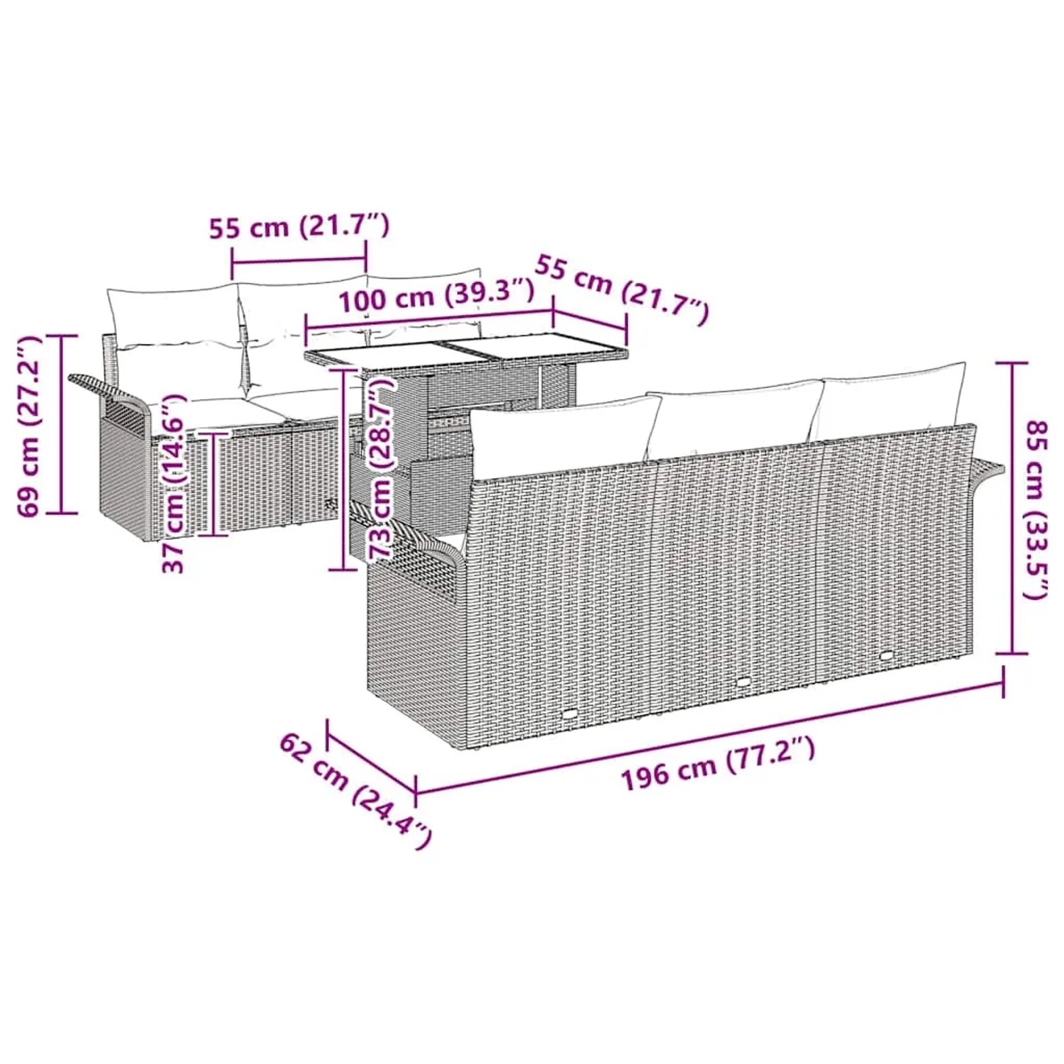 vidaXL Gartenmöbel-Set, braunes Poly Rattan, 7-teilig, mit Tisch und Kissen, Maße eingezeichnet.