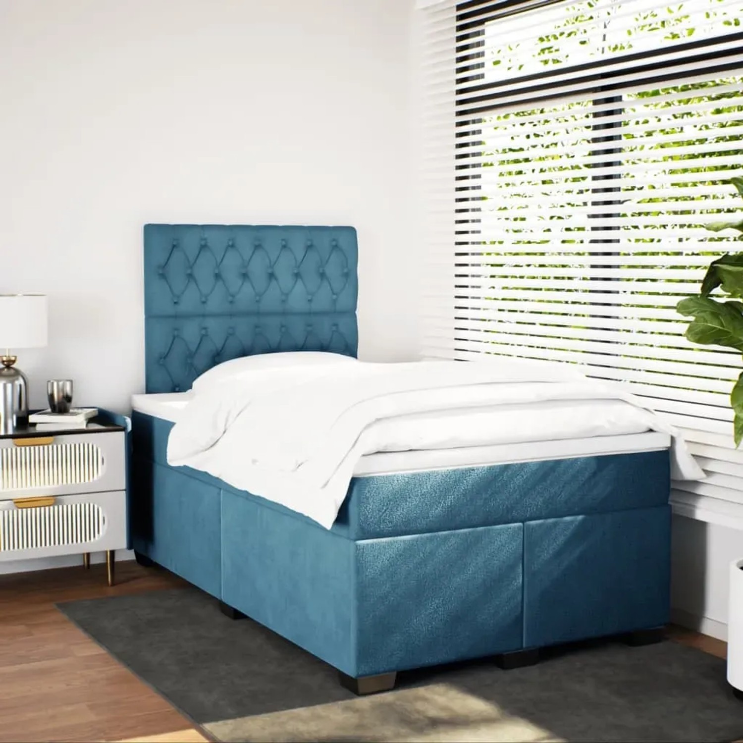 Blaues vidaXL Boxspringbett (120x200 cm) mit Samtbezug und Matratze im Schlafzimmer.