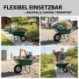 Grüne Schubkarre mit pannensicherem Vollgummi-Rad im Einsatz auf Baustelle, im Garten und für Transport.