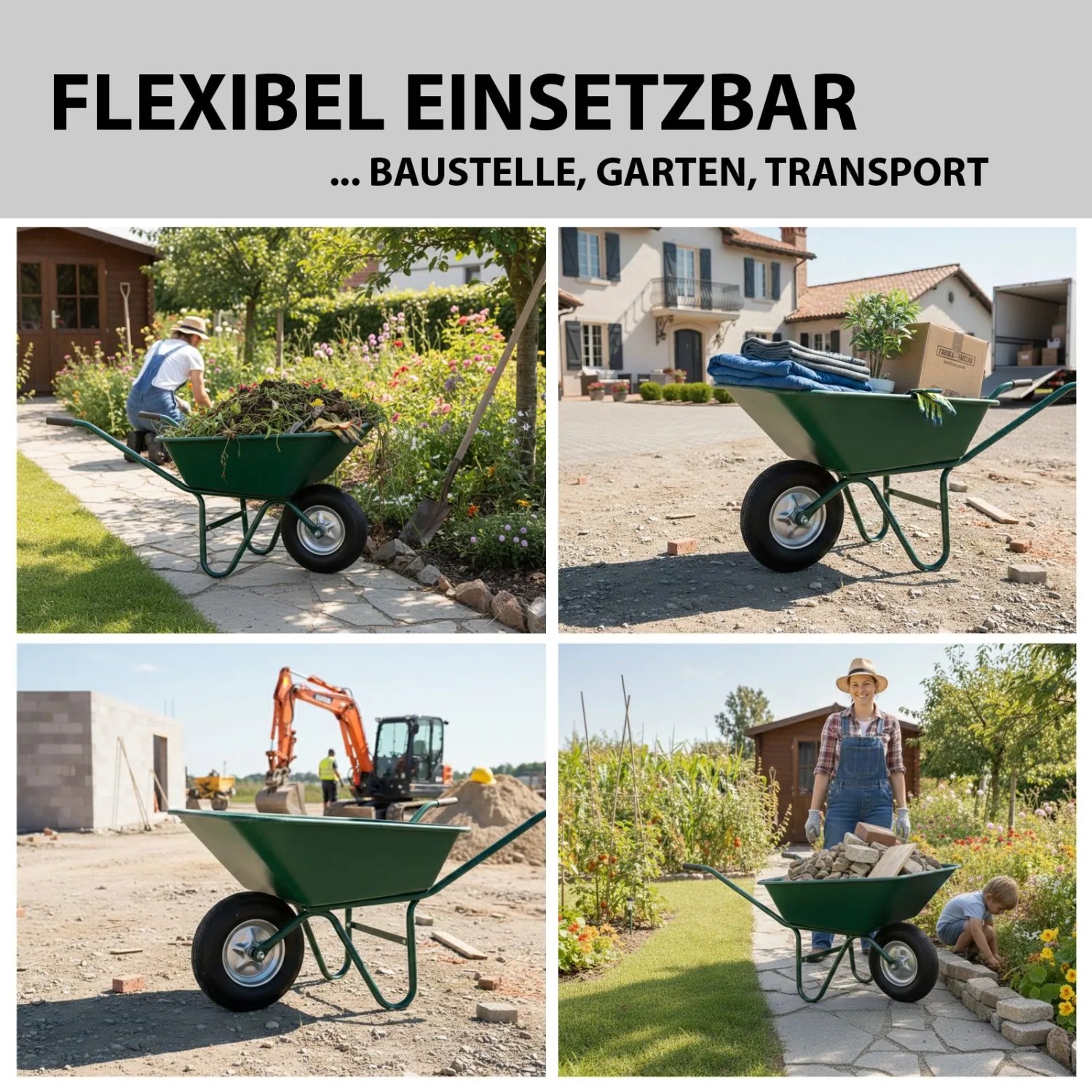 Grüne Schubkarre mit pannensicherem Vollgummi-Rad im Einsatz auf Baustelle, im Garten und für Transport.