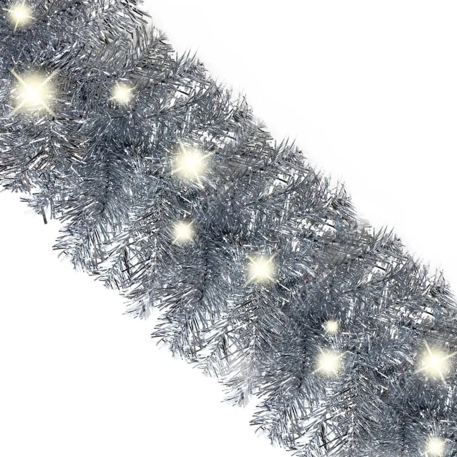 Silberne 20m Weihnachtsgirlande aus PVC mit funkelnden LED-Lichtern für festliche Dekoration.