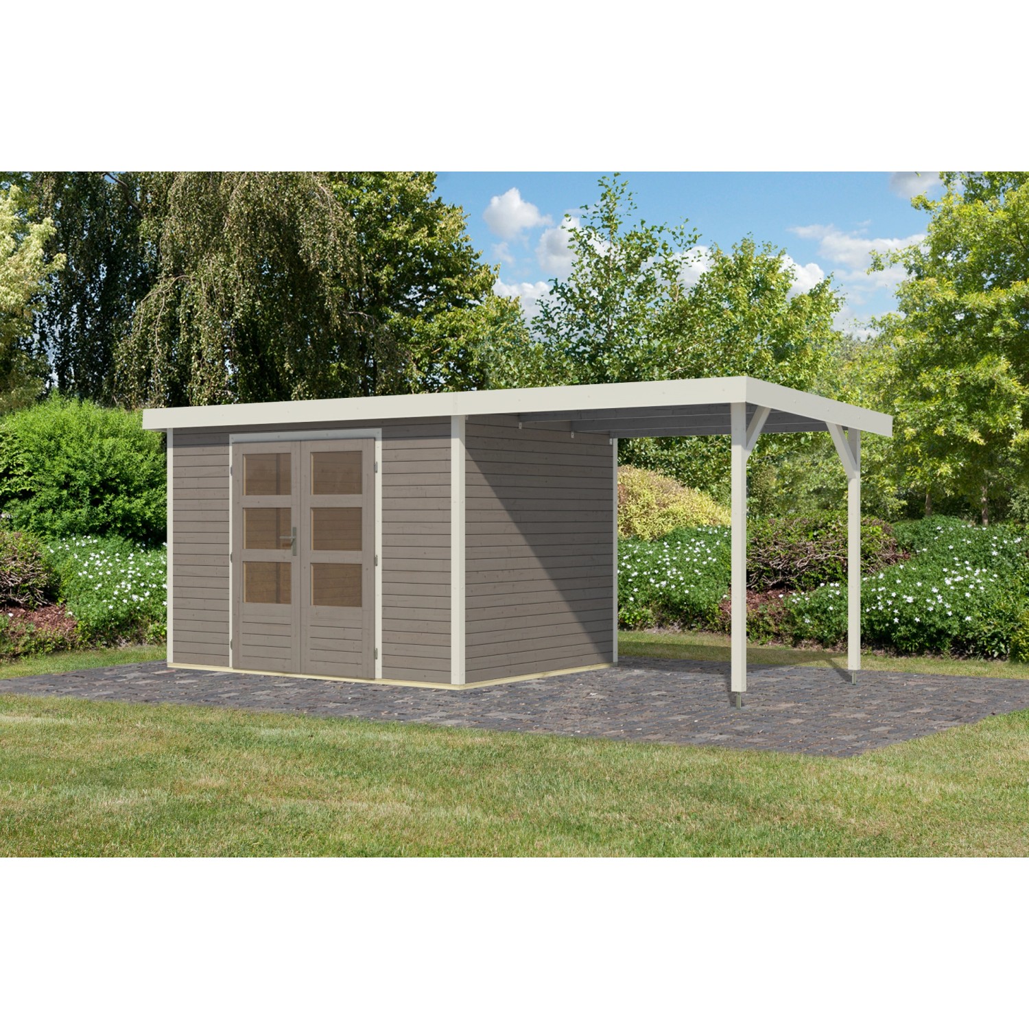 Karibu Gartenhaus Ernesto 4 D m. Anbaudach Wassergrau/Weiß 209 x 298 x 213 günstig online kaufen