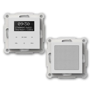 Weißes TEM LOGIQ Unterputz Radio mit Display und passendem Lautsprecher. Modernes DAB+ Radio für Schalterprogramme.