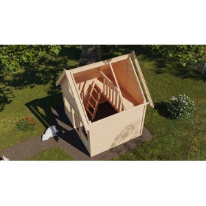 Karibu Spielhaus Kalle, naturbelassen, mit Leiter im Garten. Holzhaus für Kinder zum Spielen.