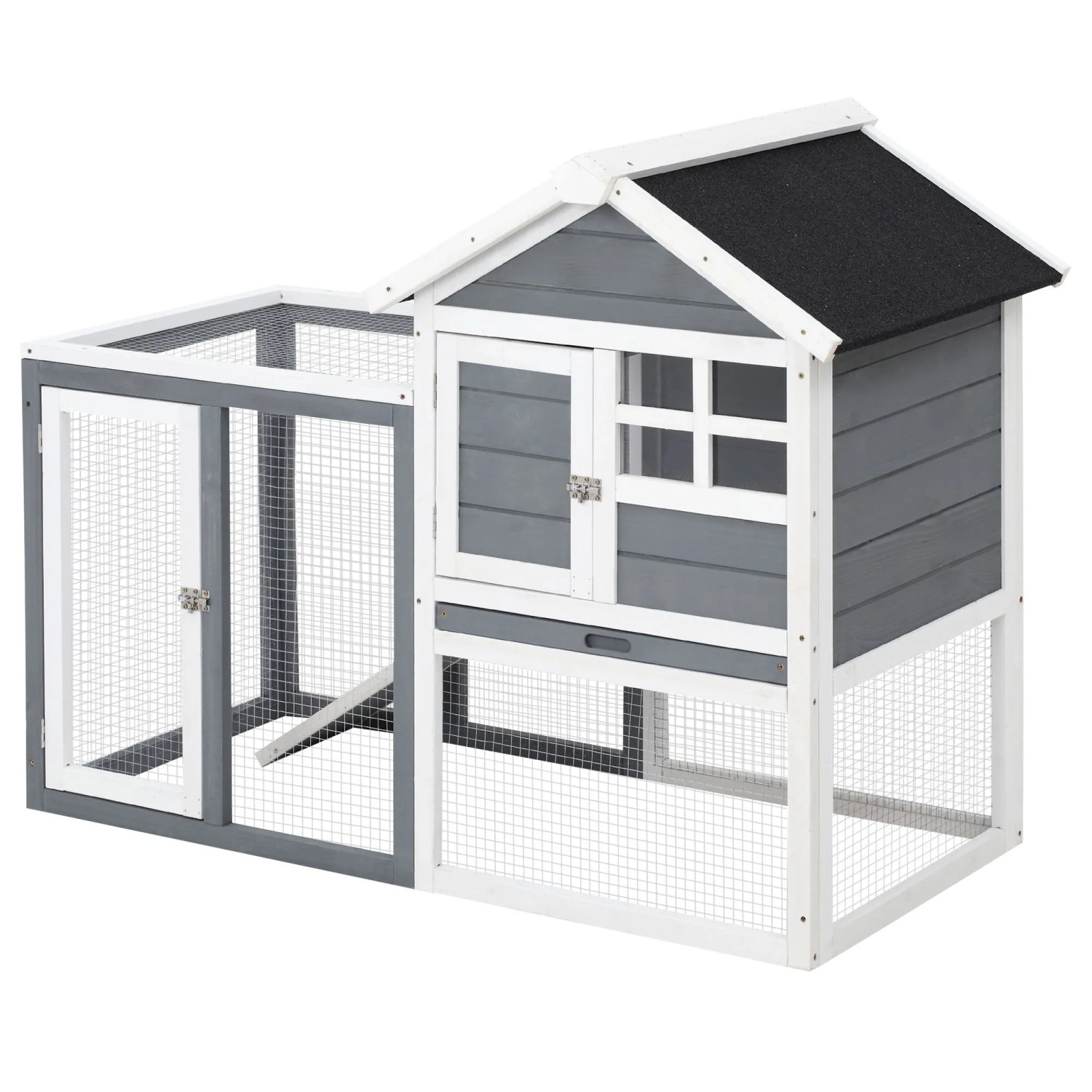 PawHut Kaninchenstall Tannenholz Grau Weiß Schwarz 122 x 62,6 x 92 cm