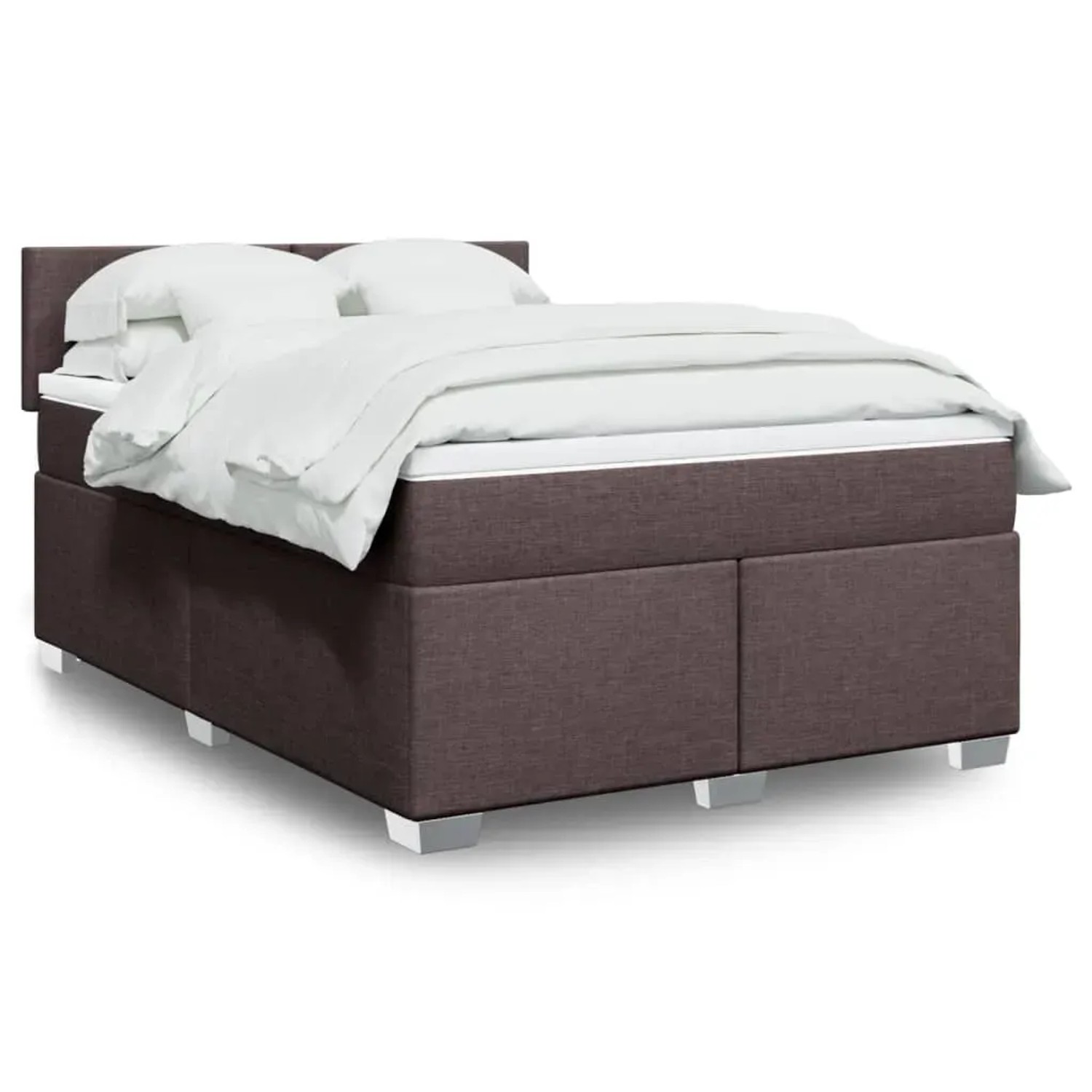 Boxspringbett dunkelbraun (160x200 cm) mit Matratze und weißer Bettwäsche.
