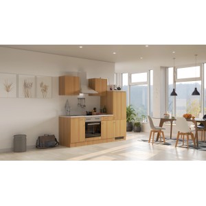Flex-Well Classic Küchenzeile Nano 220 cm in Buche mit E-Geräten und Spüle.