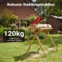 Robuster, klappbarer Sägebock aus Stahl mit Kettensägenhalter und Holzstamm im Garten. 120kg Tragkraft.