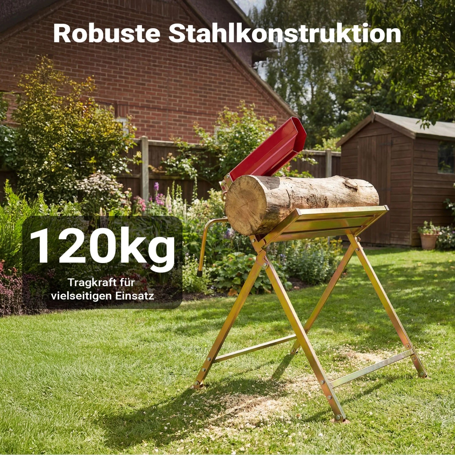 Robuster, klappbarer Sägebock aus Stahl mit Kettensägenhalter und Holzstamm im Garten. 120kg Tragkraft.