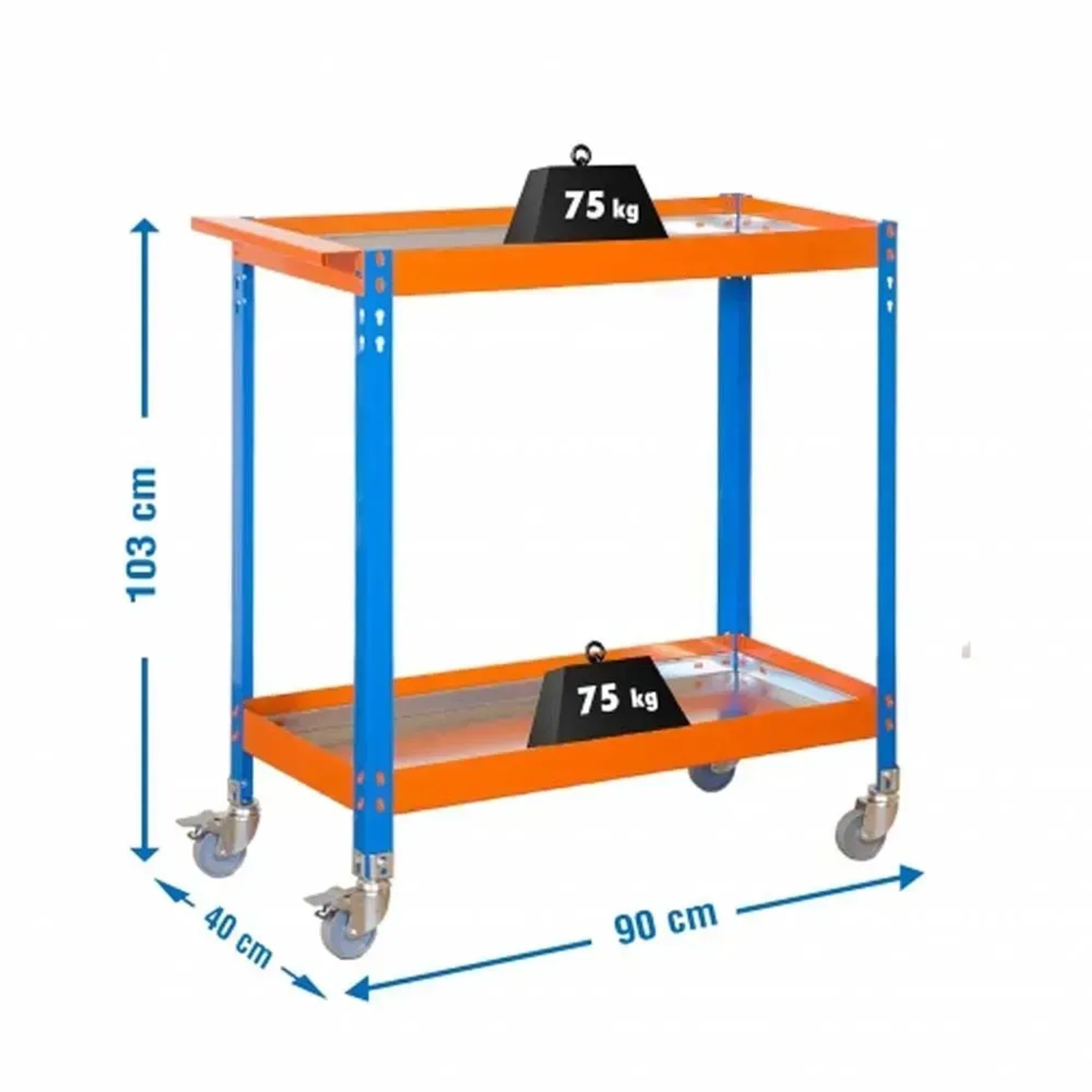 PROREGAL Montagewagen Muli Metal, blau-orange, 103x90x40 cm, mit 2 Metallböden und Rollen.