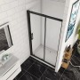 Duschparadies Schiebetür, 120 cm, mit schwarzem Rahmen aus Sicherheitsglas in einer Badezimmerumgebung.