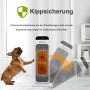 Weißer TroniTechnik Turm-Heizlüfter mit Hund und Kippsicherungs-Illustration.