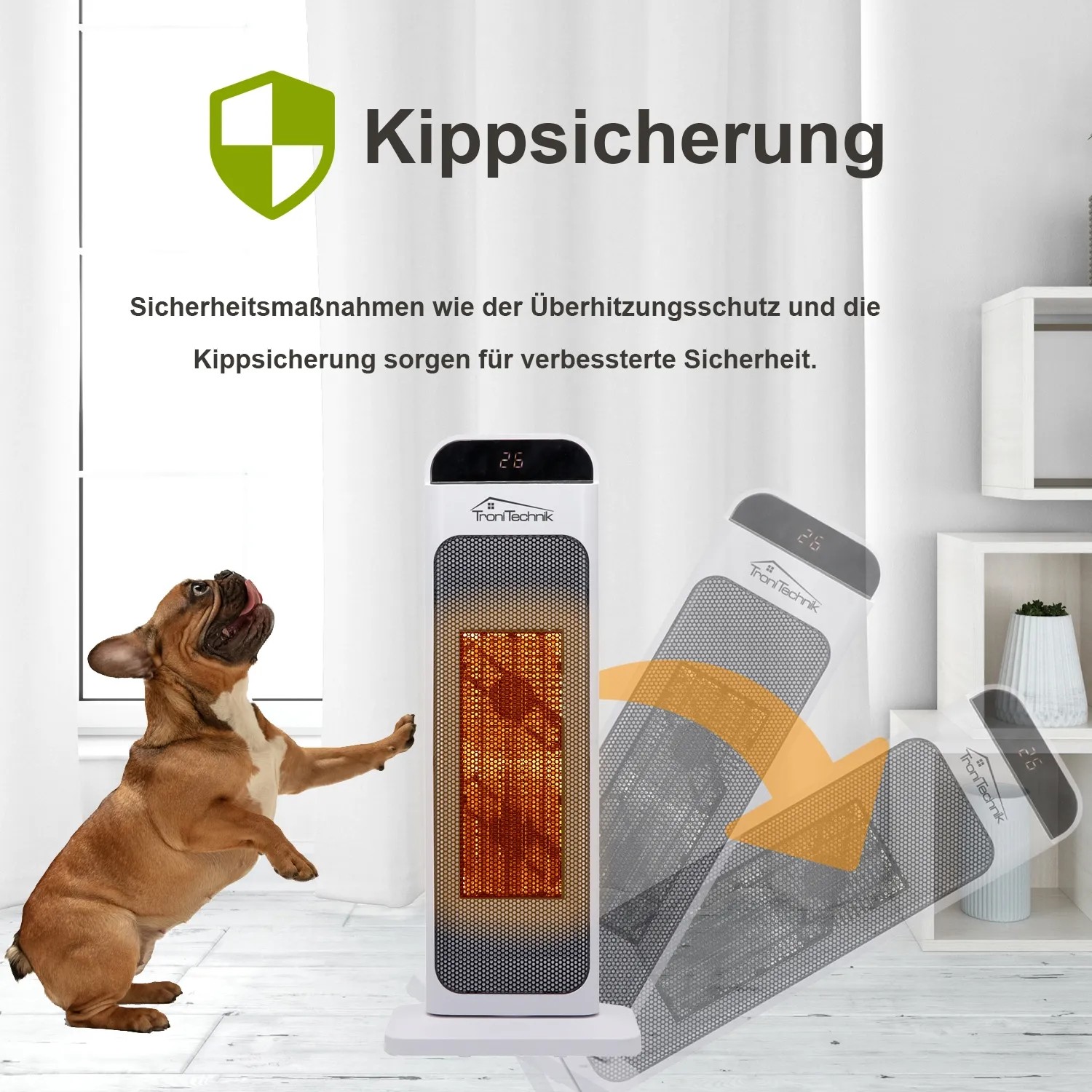 Weißer TroniTechnik Turm-Heizlüfter mit Hund und Kippsicherungs-Illustration.