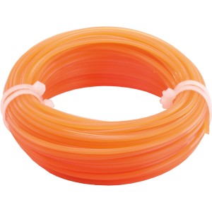 Orange LUX Trimmerfaden, 2 mm x 15 m, aufgerollt und mit Kabelbinder fixiert.