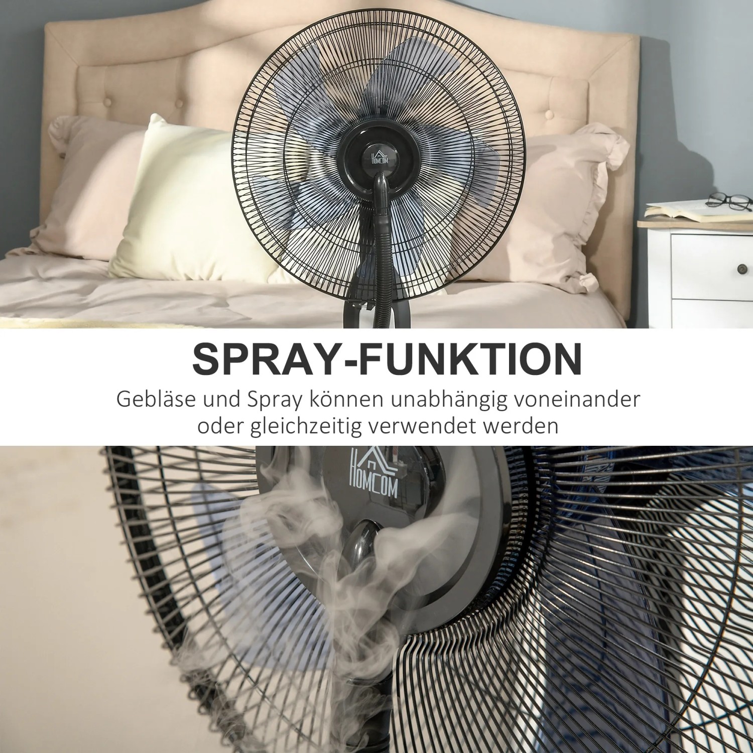 HOMCOM Standventilator, schwarz/silber, mit Sprühfunktion zur Kühlung. Ventilator für den Sommer.