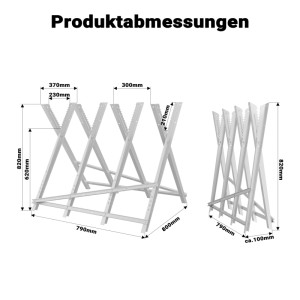 Wiltec Xpotool Sägebock, aufgeklappt und zusammengeklappt, mit Maßen. Klappbarer Holzsägebock mit 4 Stammhaltern.
