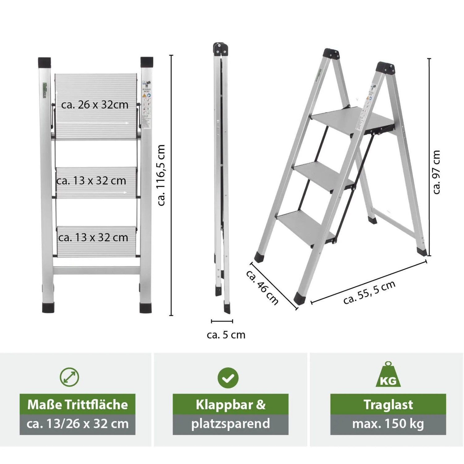 TRUTZHOLM Alu Trittleiter, 3 Stufen, klappbar, silber. Ideal für Haushalt & Werkstatt.
