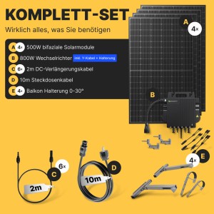 Solakon Balkonkraftwerk 2000W Solaranlage mit Balkonhalterung Steckerfertig Komplettset Photovoltaik 800W Kabellänge 10m