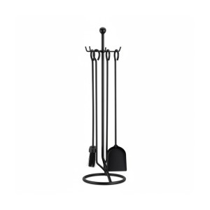 Schwarzes 5-teiliges Kaminbesteck aus Stahl mit Ständer, Besen, Schaufel, Schürhaken und Zange. Modernes Kaminzubehör.