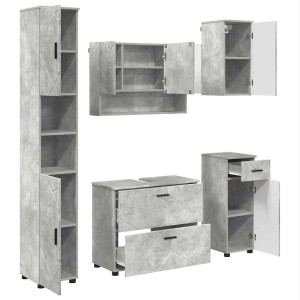 vidaXL Badmöbel-Set, 5-teilig, Betongrau, mit Waschbeckenunterschrank, Spiegelschrank und Hochschrank.