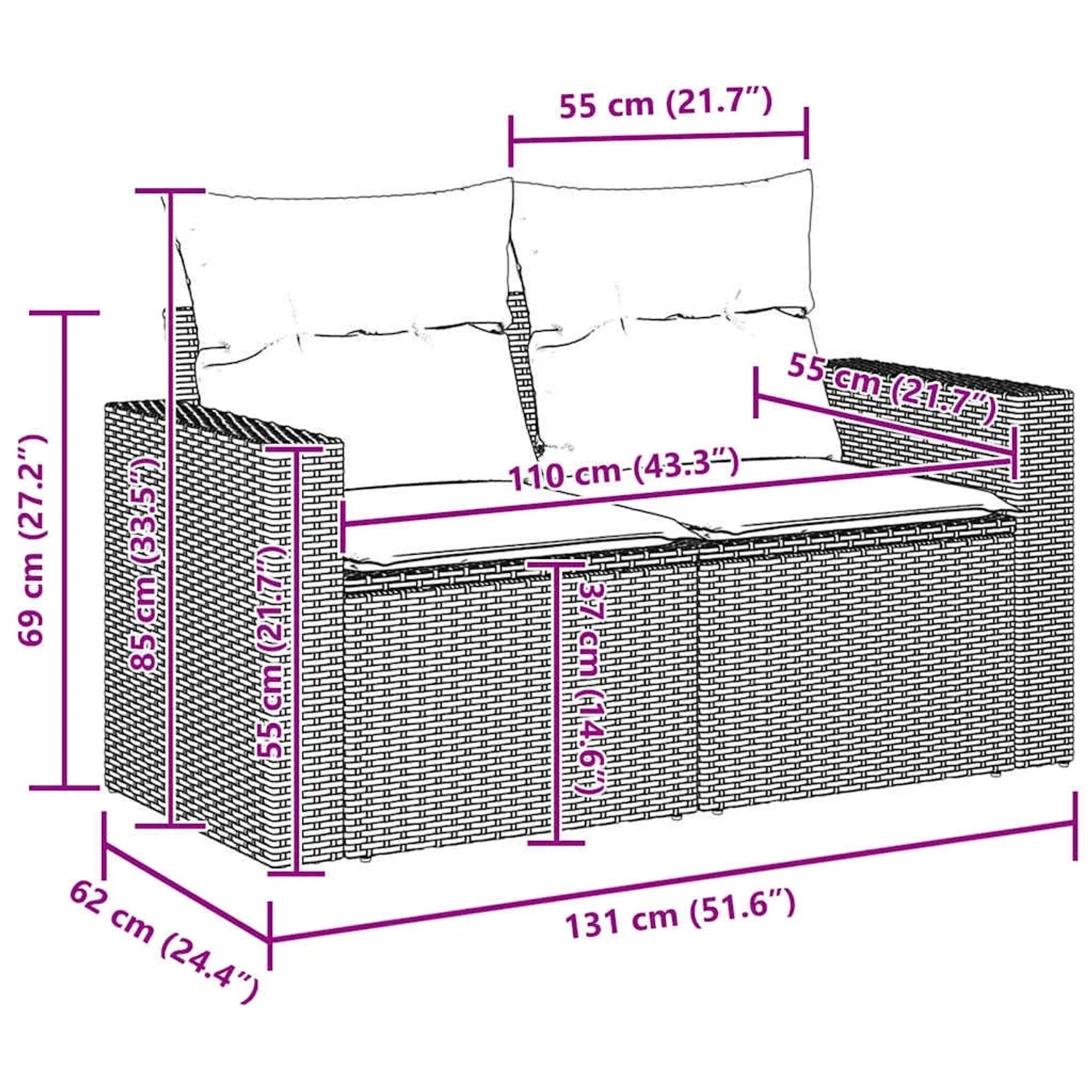 Graues vidaXL Garten-Sofa-Set aus Polyrattan mit Maßangaben für Garten und Terrasse.