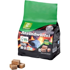 Flash Anzündwürfel aus Holz und Wachs, 150 Stück im grünen Vorratsbeutel.