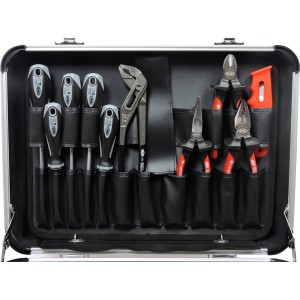 Offener Famex Alu-Werkzeugkoffer 729-88 mit diversen Werkzeugen wie Schraubendreher und Zangen.