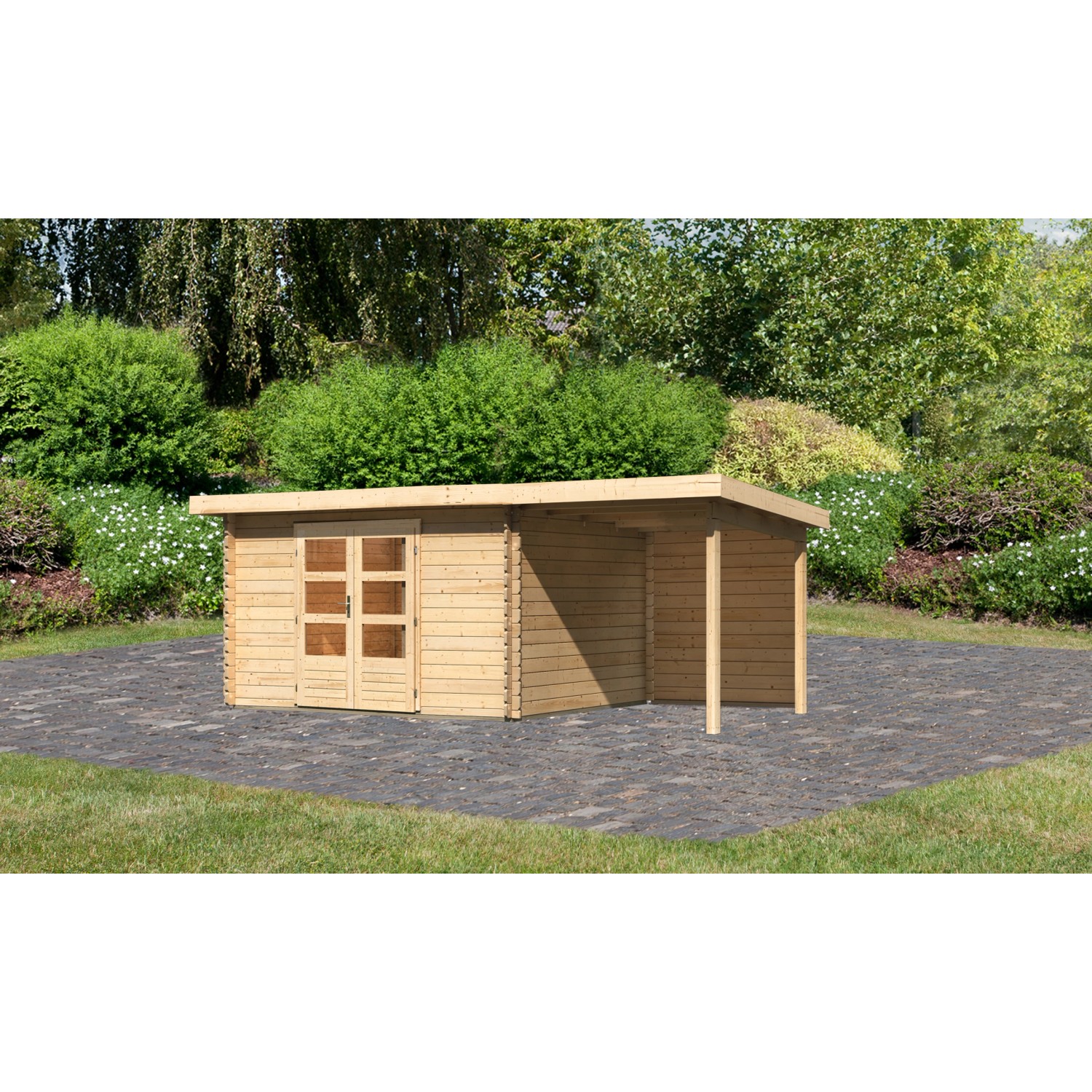 Karibu Holz-Gartenhaus Ängelholm Natur Pultdach Unbehandelt 340 cm x 280 cm günstig online kaufen