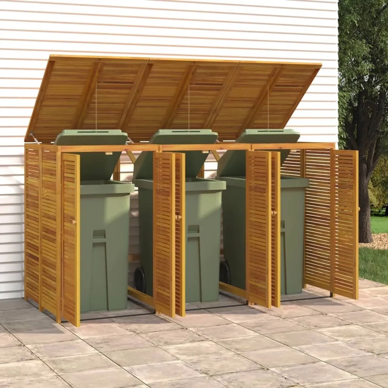 vidaXL Mülltonnenbox für 3 Tonnen aus Akazienholz im Garten.