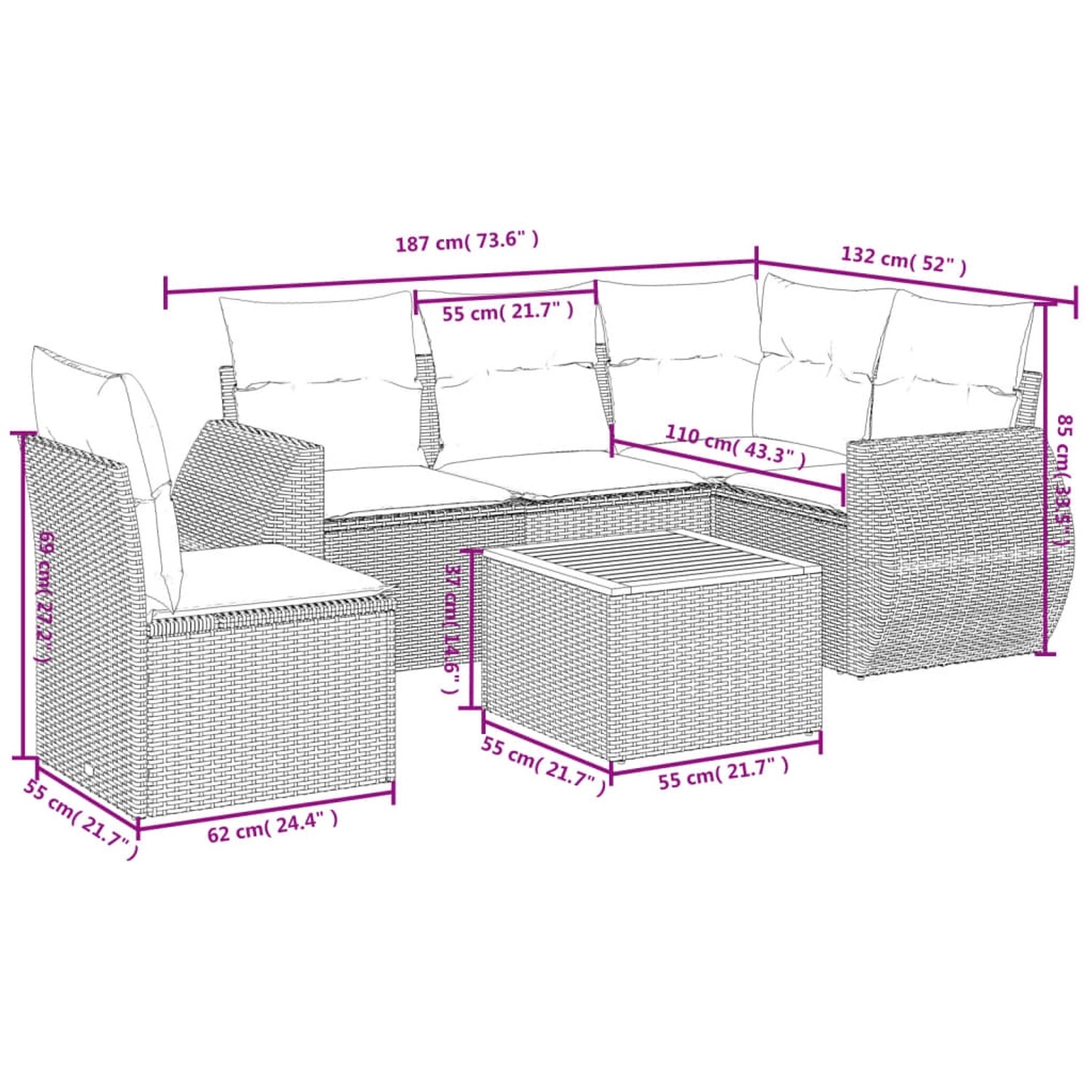 Beige 6-tlg. Garten-Sofagarnitur aus Polyrattan mit Kissen. Gartenmöbel-Set mit Tisch und Sitzelementen.
