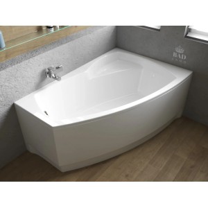 Weiße Bad Land Eckbadewanne FRIDA 150x90 mit rechtem Ablauf, glänzendes Acryl im modernen Bad.