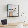 Schwarzes Metall-Regal Pinnock 60x60x20cm an der Wand mit Ordnern und Deko.