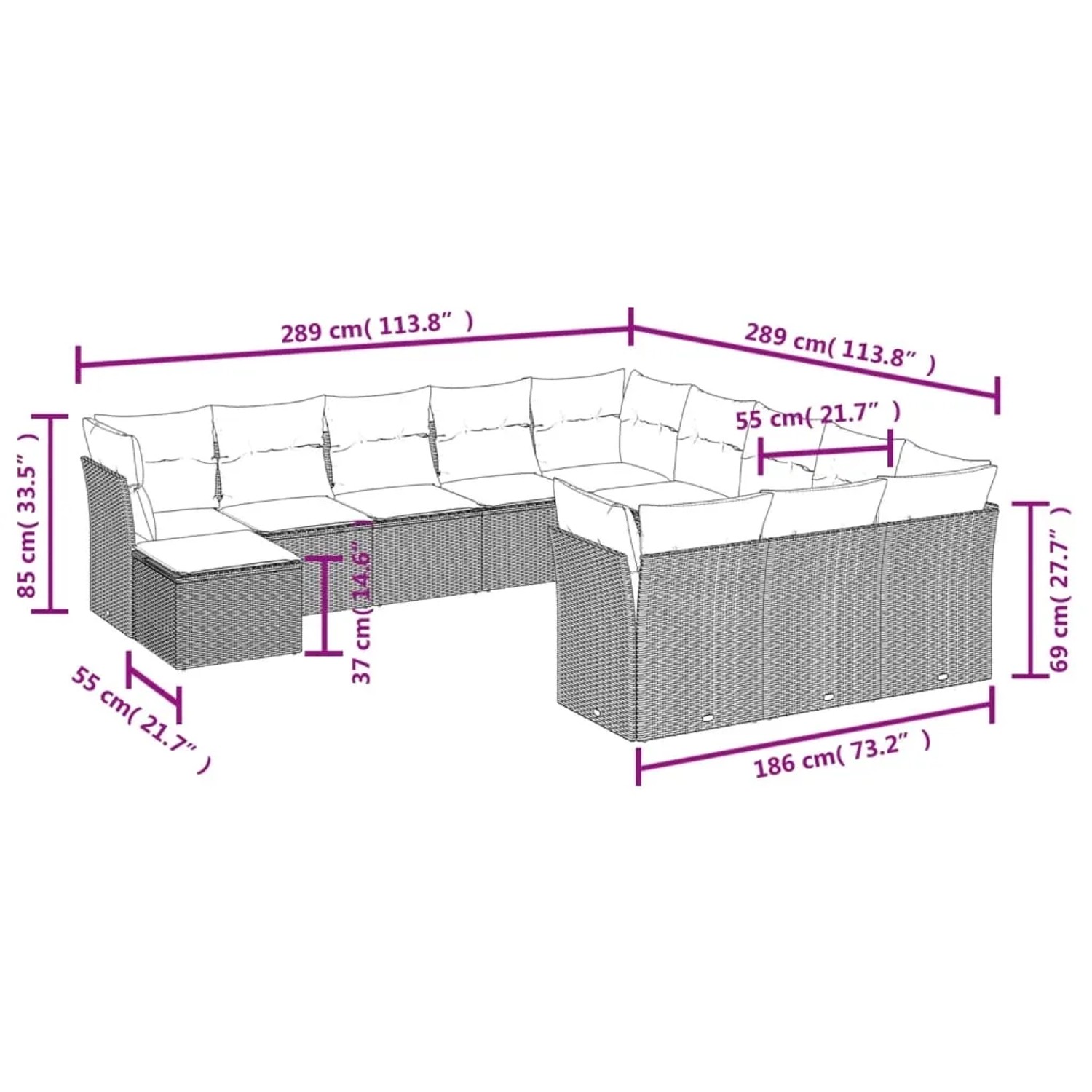 Beige vidaXL Garten-Sofagarnitur (12-tlg) aus Polyrattan mit Kissen und Maßangaben.