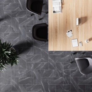 Bodenfliese Feinsteinzeug Opus, 60x30 cm, dunkle Marmor-Optik, polierte Oberfläche.