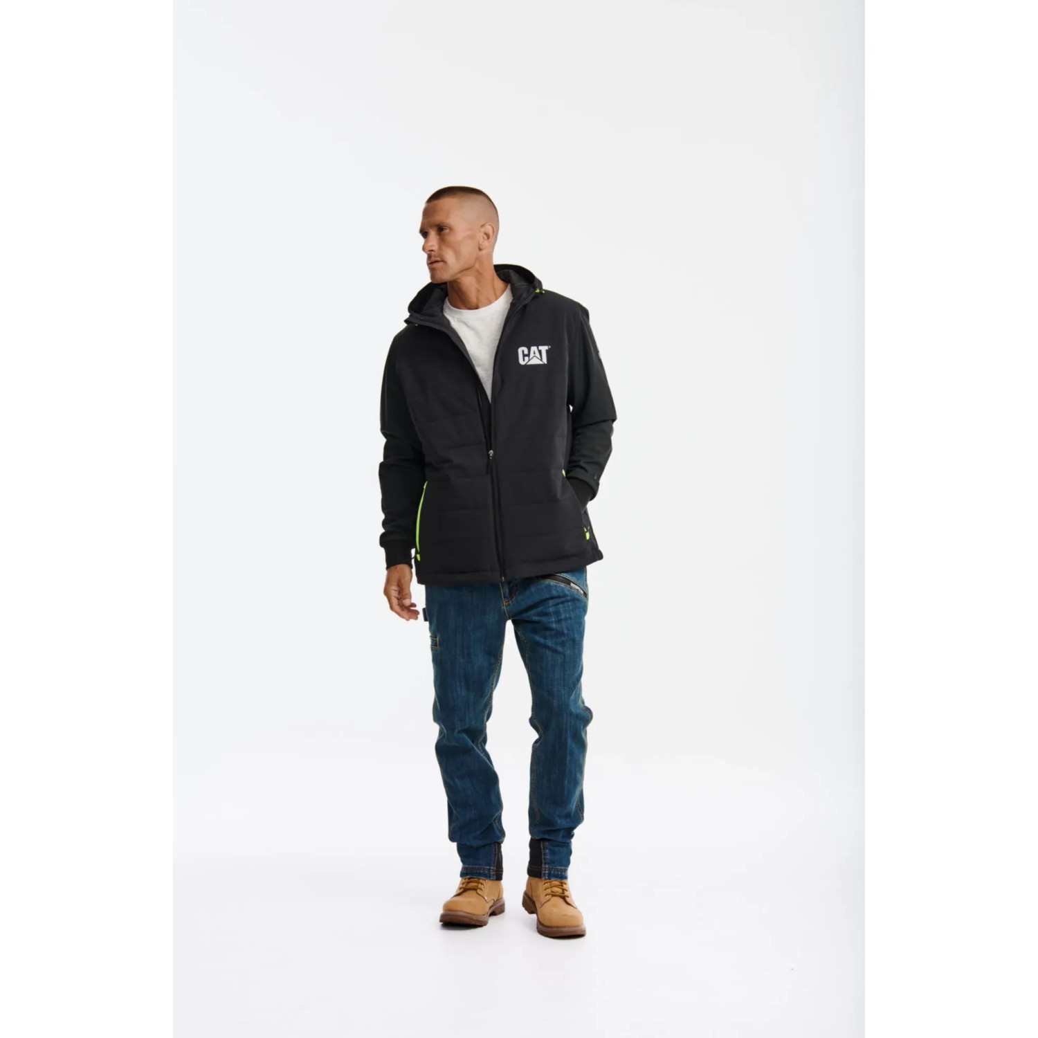 Schwarze Cat Winterjacke Tech Hybrid für Herren, ideal für Arbeitskleidung.