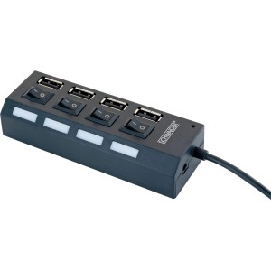 Schwaiger USB 2.0 Hub, 4-fach, schwarz, mit Schaltern und LEDs zur Statusanzeige.