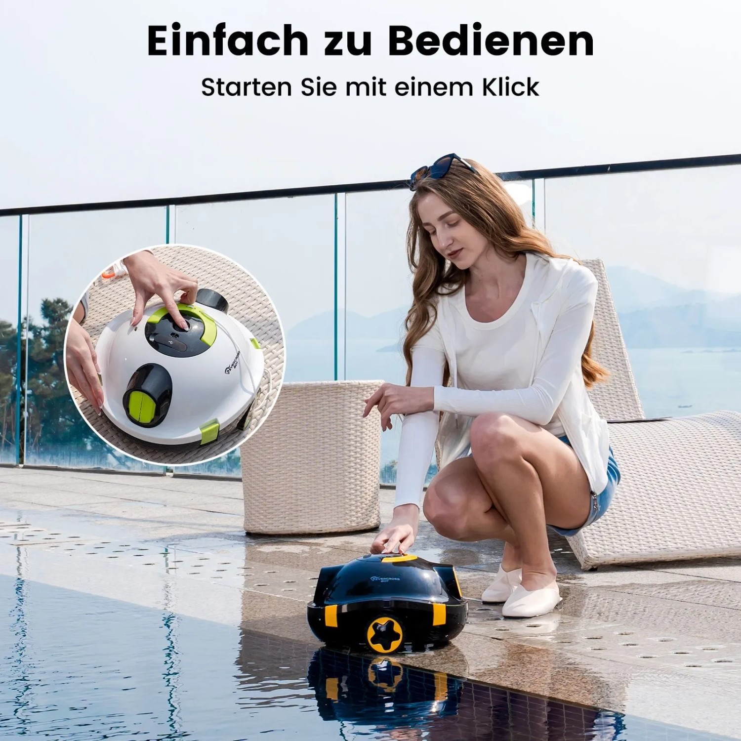 Frau bedient weißen EVERCROSS BOT Y10 Poolroboter am Pool. Einfache Bedienung per Klick.